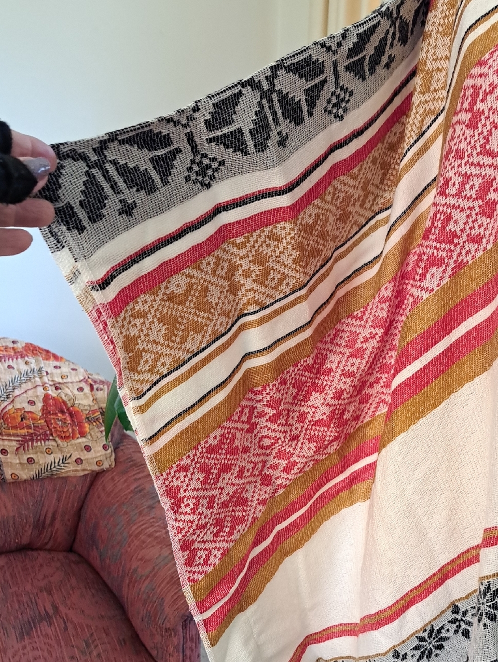 Raj Open-Weave Layering Shawl in Black, Cream & Red - Picture 3 of 8